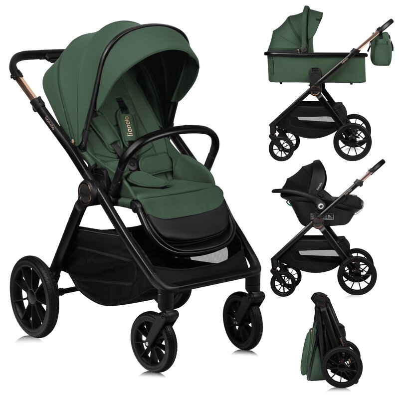Carucior 3 in 1, Lionelo, Layla, Pana la 22 kg, Cadru aluminiu, Cu landou intarit si salteluta din spuma AirDots, Scoica auto, Reversibil, Cu ventilatie 3D, Cu accesorii, EN1888-1, EN1888-2, EN1466, Verde