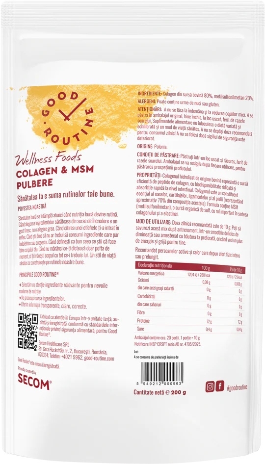 Colagen si MSM pulbere Good Routine Wellness Foods, 200 g, Secom