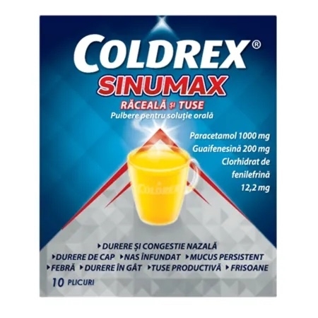 Coldrex Sinumax Raceala si Tuse, 1000 mg/200 mg/12,2 mg, 10 plicuri, Perrigo Coldrex Sinumax Raceala si Tuse, 1000 mg/200 mg/12,2 mg, 10 plicuri, Perrigo