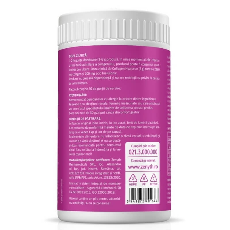 Collagen + Hyaluron pulbere cu aroma de capsuni, 150 g, Zenyth