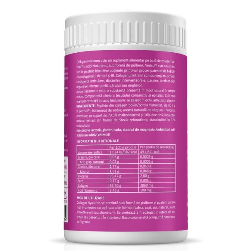 Collagen + Hyaluron pulbere cu aroma de capsuni, 150 g, Zenyth
