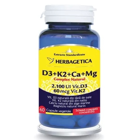 Complex natural D3+K2+Ca+Mg, 60 capsule, Herbagetica Complex natural D3+K2+Ca+Mg, 60 capsule, Herbagetica