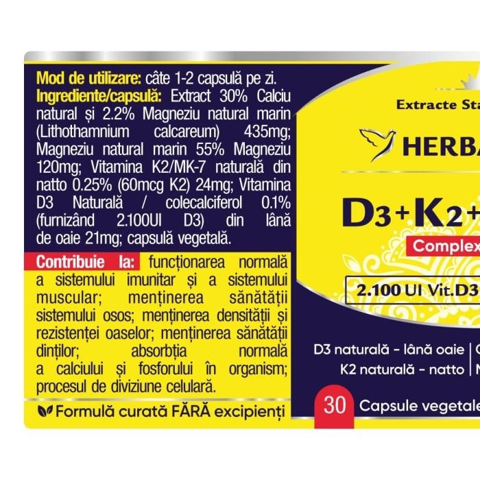 Complex natural D3+K2+Ca+Mg, 30 capsule, Herbagetica Complex natural D3+K2+Ca+Mg, 30 capsule, Herbagetica