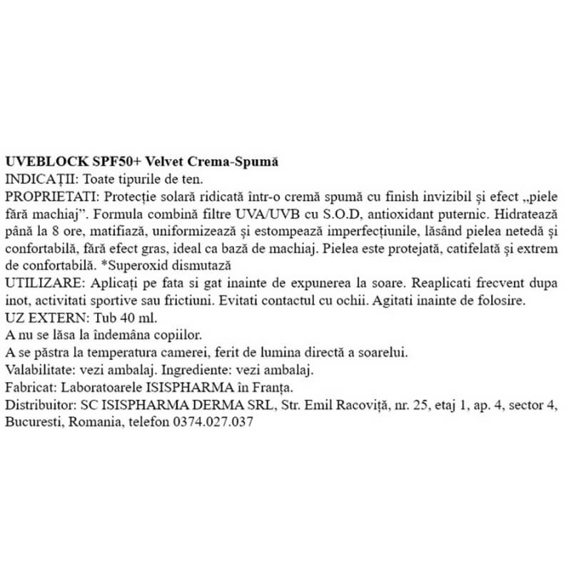 Crema spuma SPF 50+ Uveblock Velvet, 40 ml, Isispharma Crema spuma SPF 50+ Uveblock Velvet, 40 ml, Isispharma
