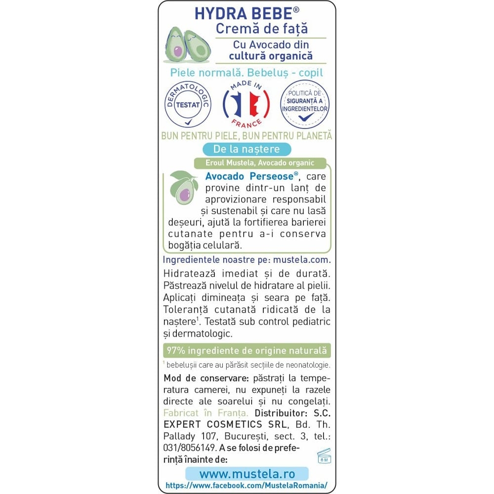 Crema hidratanta de fata pentru piele normala Hydra Bebe, 40 ml, Mustela