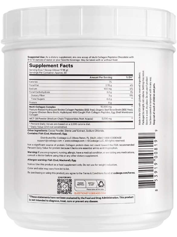 Colagen hidrolizat din 5 surse sub forma de peptide + MCT Oil  cu aroma de ciocolata CodeAge, 515 g, GNC