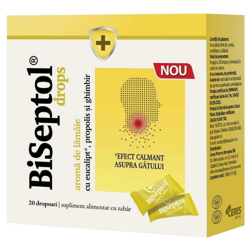 Biseptol dropsuri cu aroma de lamaie, 20 dropsuri, Dacia Plant Biseptol dropsuri cu aroma de lamaie, 20 dropsuri, Dacia Plant