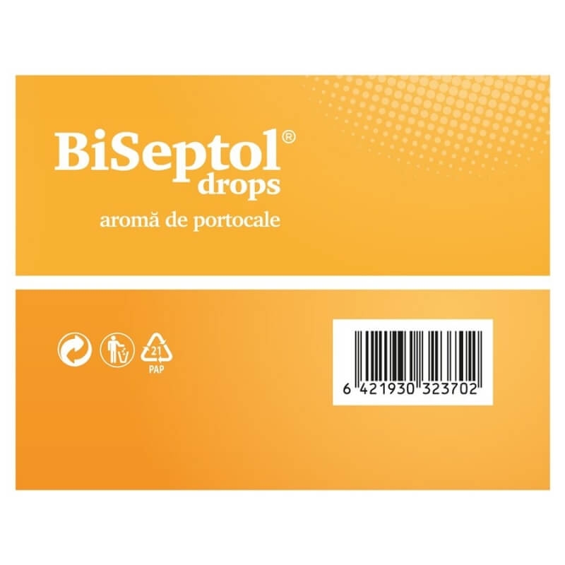 Biseptol dropsuri cu aroma de portocale, 20 dropsuri, Dacia Plant Biseptol dropsuri cu aroma de portocale, 20 dropsuri, Dacia Plant