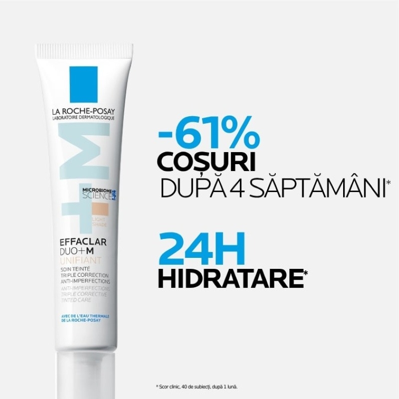 Gel-crema anti-imperfectiuni cu pigment de culoare, Nuanta Light, Effaclar Duo+M, 40 ml, La Roche-Posay