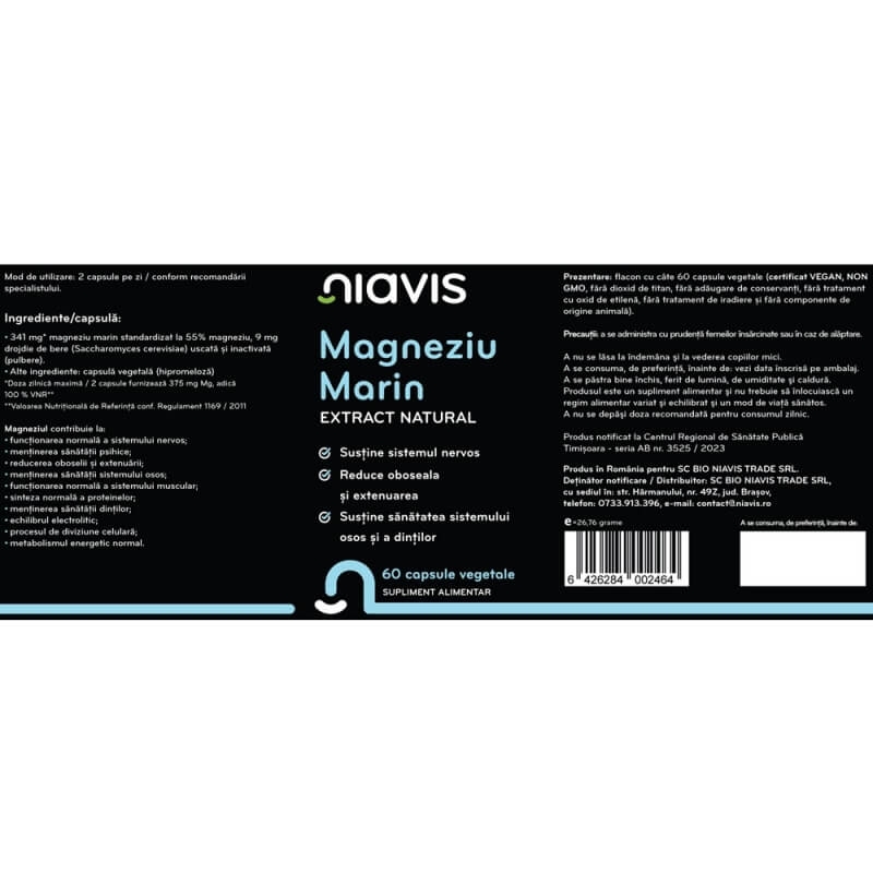 Magneziu marin extract natural, 60 capsule, Niavis Magneziu marin extract natural, 60 capsule, Niavis