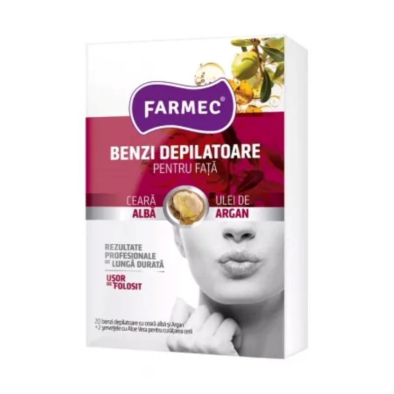 Benzi depilatoare pentru fata cu ceara alba si ulei de argan, 20 bucati, Farmec Benzi depilatoare pentru fata cu ceara alba si ulei de argan, 20 bucati, Farmec
