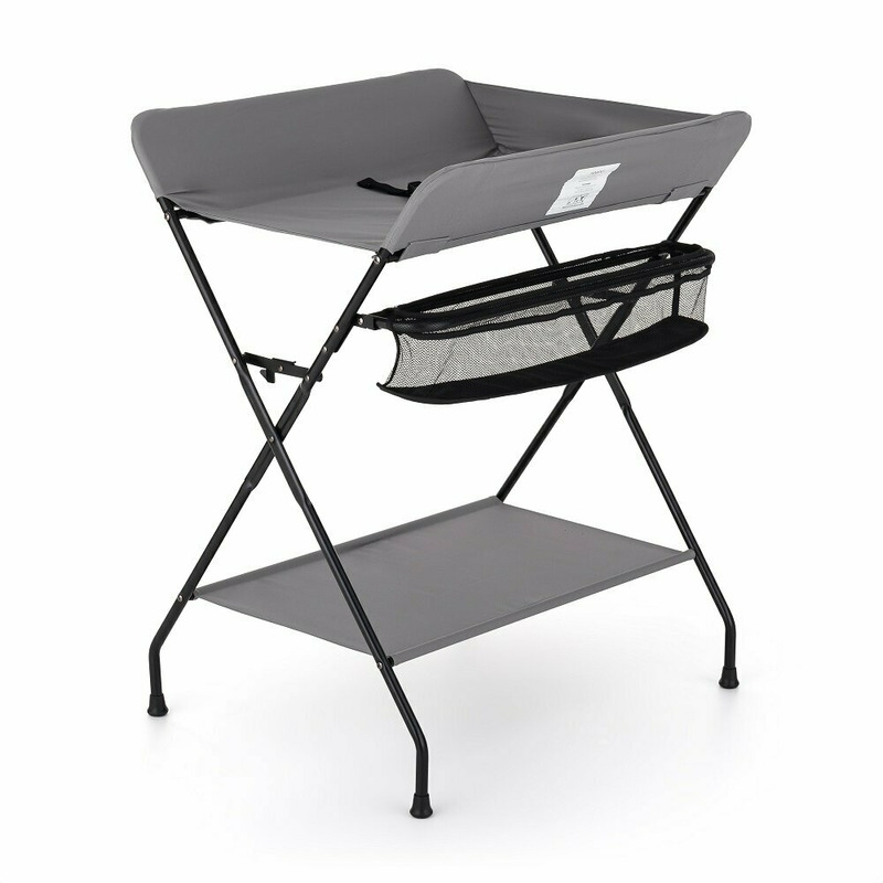 Feedo - Masuta multifunctionala pentru infasat si schimbat scutece, Pliabila, Cu raft pentru depozitare si compartiment lateral, Realizata din fier, panza si in, 80.5 x 67 x 102.5 cm, Gri