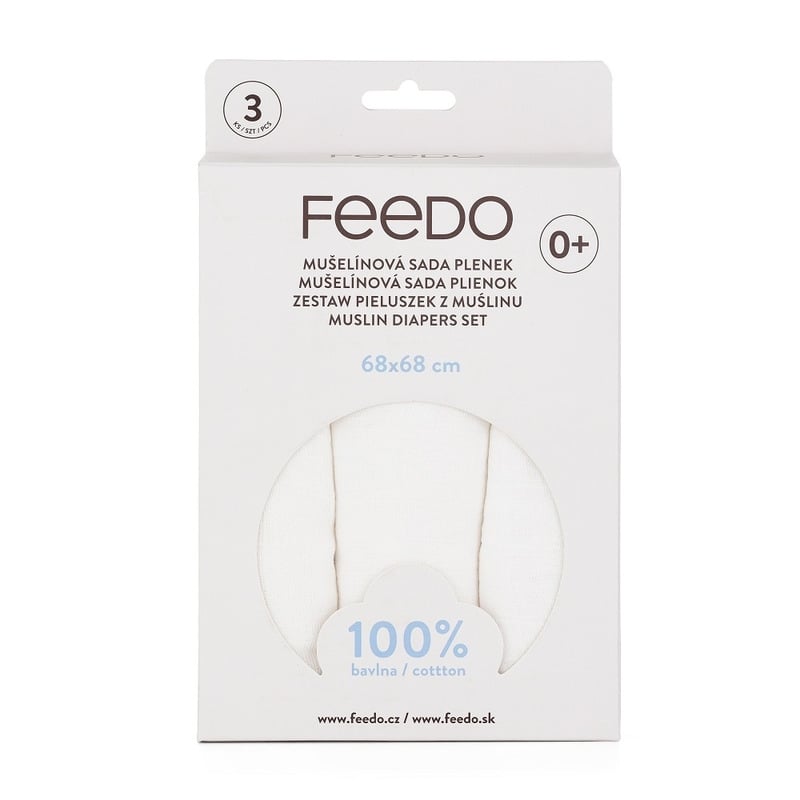 Feedo - Set 3 scutece din muselina, Multifunctionale, Din bumbac certificat Oeko-Tex Standard 100, 68x68 cm, 0 luni+, Alb Feedo - Set 3 scutece din muselina, Multifunctionale, Din bumbac certificat Oeko-Tex Standard 100, 68x68 cm, 0 luni+, Alb