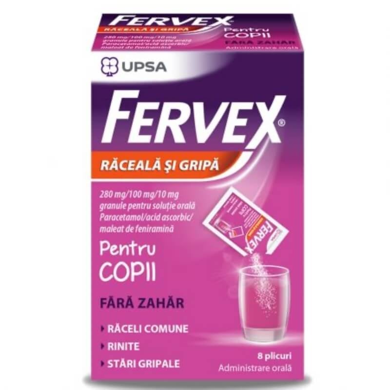 Fervex Raceala si Gripa fara zahar pentru copii, 280mg/100 mg/10 mg, 8 plicuri, Upsa