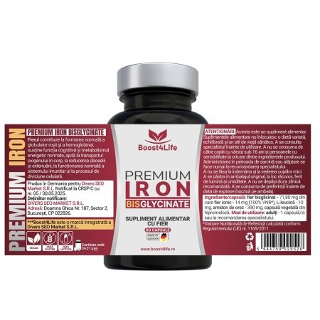 Fier bisglicinat Premium 71.8 mg, 60 capsule, Boost4Life Fier bisglicinat Premium 71.8 mg, 60 capsule, Boost4Life