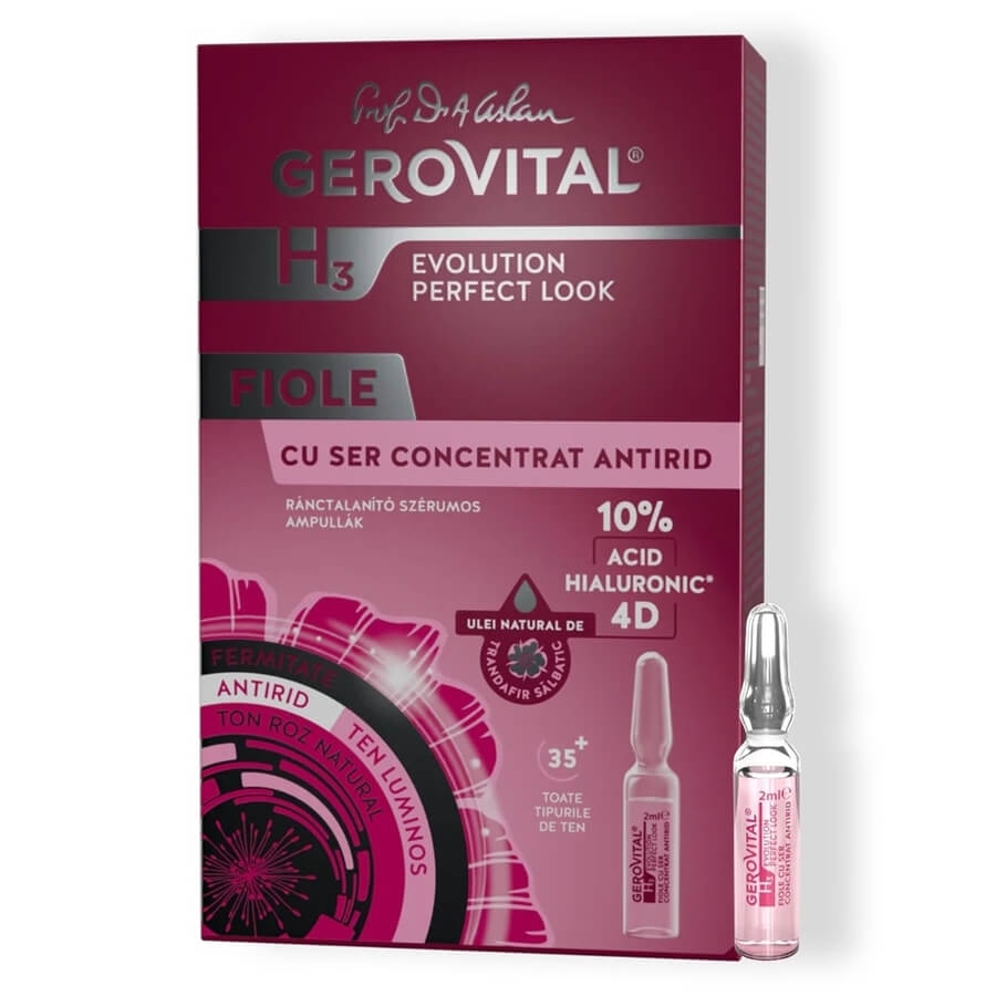 Fiole cu ser concentrat antirid cu acid hialuronic 10% 4D H3 Evolution Perfect Look, 2 ml, 10 fiole, Gerovital Fiole cu ser concentrat antirid cu acid hialuronic 10% 4D H3 Evolution Perfect Look, 2 ml, 10 fiole, Gerovital