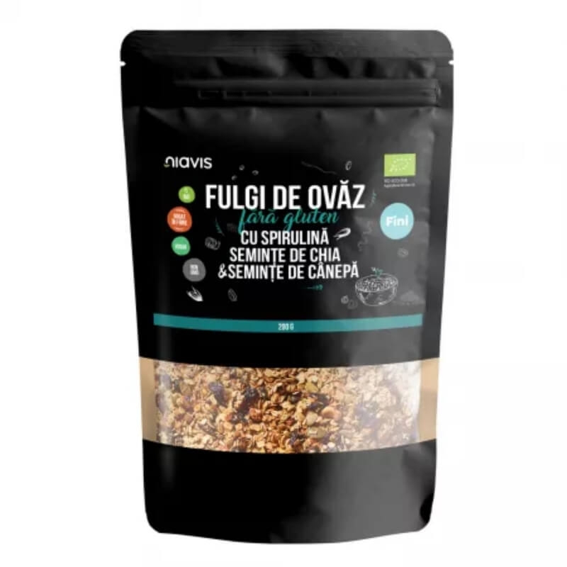 Fulgi de ovaz fini fara gluten cu spirulina, chia si seminte de canepa, 200 g, Niavis Fulgi de ovaz fini fara gluten cu spirulina, chia si seminte de canepa, 200 g, Niavis