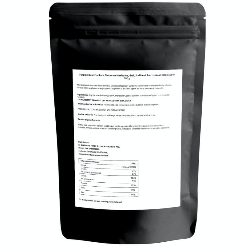 Fulgi de ovaz fini fara gluten cu merisoare, goji, stafide si scortisoara eco, 200 g, Niavis Fulgi de ovaz fini fara gluten cu merisoare, goji, stafide si scortisoara eco, 200 g, Niavis