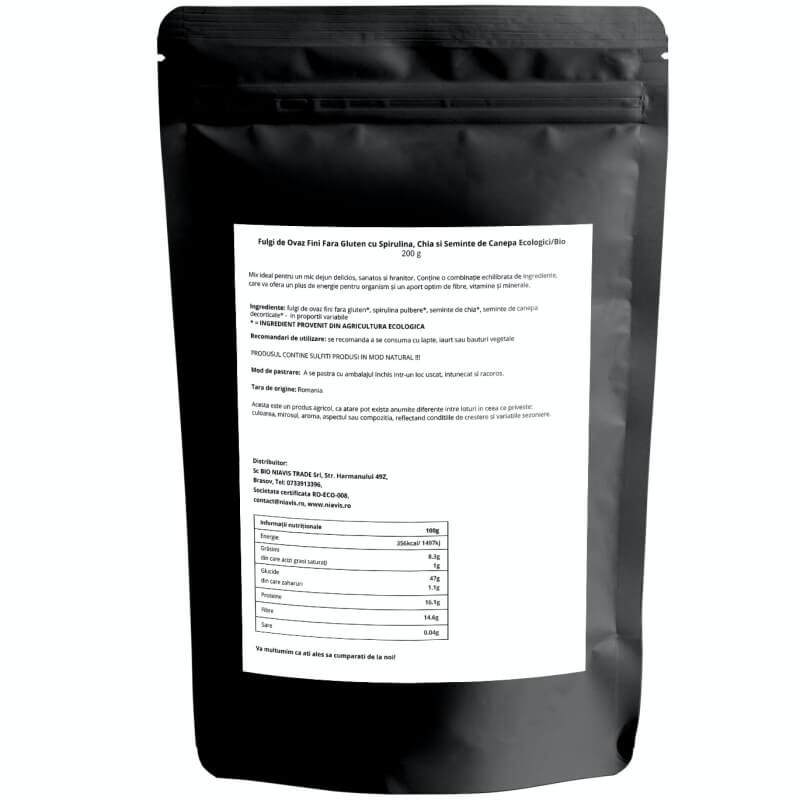 Fulgi de ovaz fini fara gluten cu spirulina, chia si seminte de canepa, 200 g, Niavis Fulgi de ovaz fini fara gluten cu spirulina, chia si seminte de canepa, 200 g, Niavis