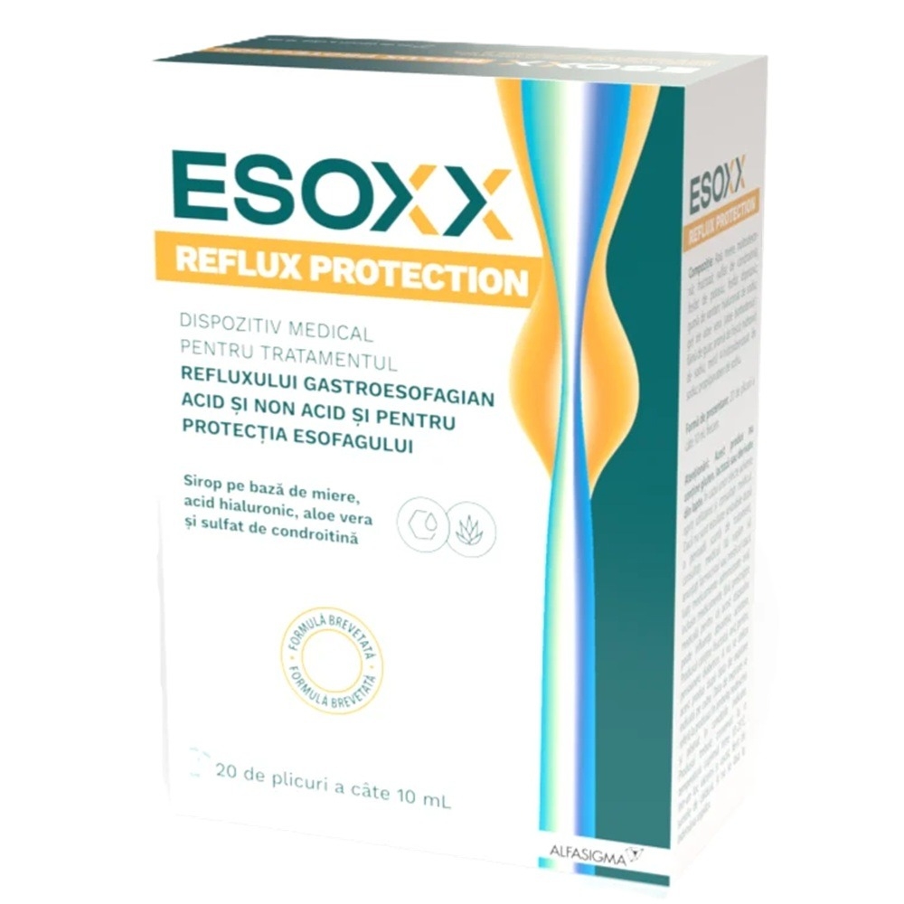Sirop pe baza de miere, acid hialuronic, aloe vera si sulfat de condroitina Esoxx Reflux Protection, 20 x 10 ml, Sofar Sirop pe baza de miere, acid hialuronic, aloe vera si sulfat de condroitina Esoxx Reflux Protection, 20 x 10 ml, Sofar