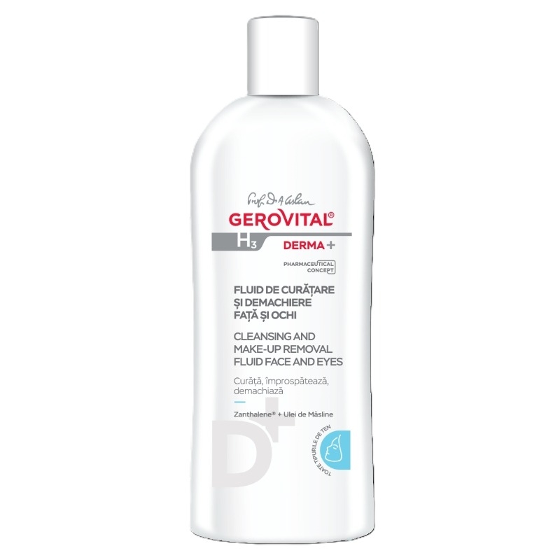 Fluid de curatare si demachiere fata si ochi H3 Derma+, 200 ml, Gerovital Fluid de curatare si demachiere fata si ochi H3 Derma+, 200 ml, Gerovital
