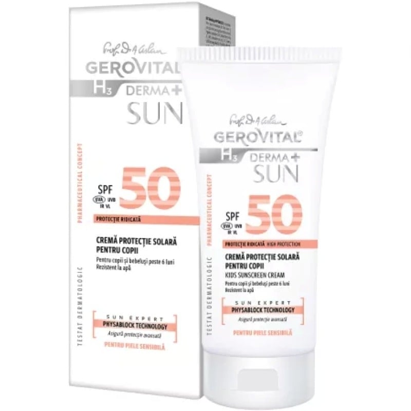Crema protectie solara pentru copii SPF 50 H3 Derma+ Sun, 100 ml, Gerovital Crema protectie solara pentru copii SPF 50 H3 Derma+ Sun, 100 ml, Gerovital