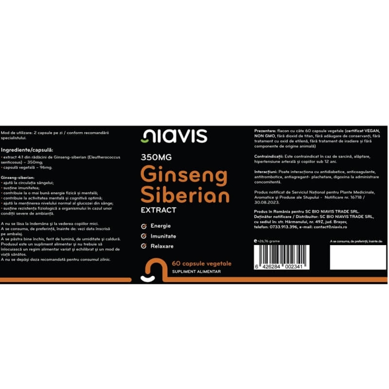 Ginseng siberian extract 350 mg, 60 capsule, Niavis