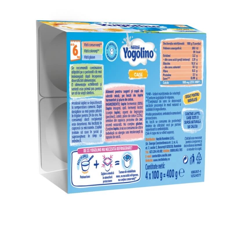Gustare cu lapte si caise Yogolino, +6 luni, 4x100 g, Nestle