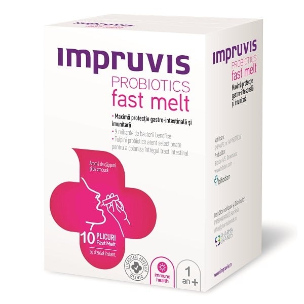 Impruvis Probiotic Fast Melt cu aroma de capsuni si zmeura, 10 plicuri, Pharma Brands Impruvis Probiotic Fast Melt cu aroma de capsuni si zmeura, 10 plicuri, Pharma Brands