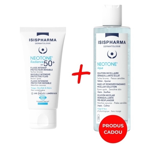 Pachet Crema Neotone Radiance SPF 50+, 30 ml+ Apa micelara Neotone Aqua, 250 ml, Isispharma Pachet Crema Neotone Radiance SPF 50+, 30 ml+ Apa micelara Neotone Aqua, 250 ml, Isispharma