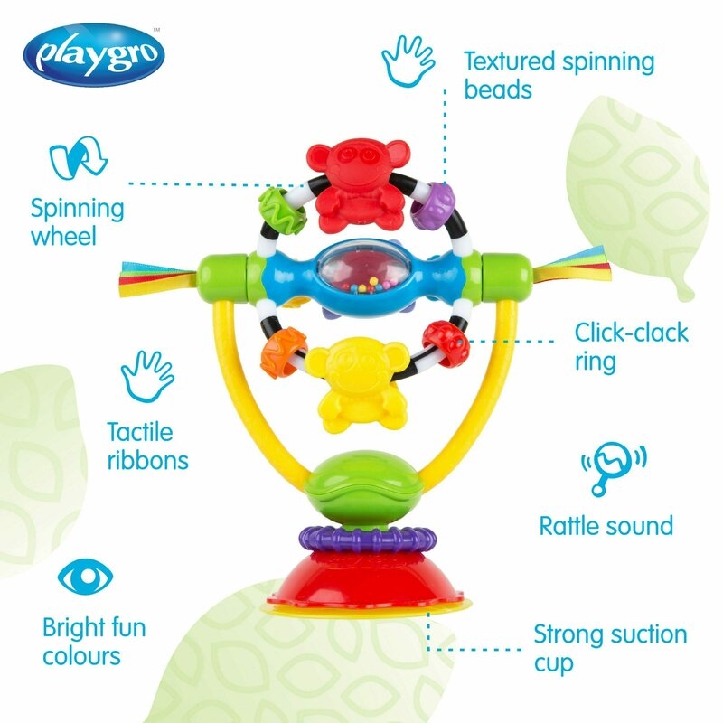 Jucarie pentru scaunul de masa, Cu ventuza, Cu activitati, Rotativa, High chair Spinning Toy, 19.5 cm, Playgro Jucarie pentru scaunul de masa, Cu ventuza, Cu activitati, Rotativa, High chair Spinning Toy, 19.5 cm, Playgro
