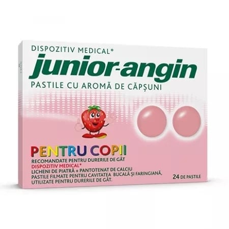 Junior Angin cu aroma de capsuni pentru copii, 24 pastile, Klosterfrau Junior Angin cu aroma de capsuni pentru copii, 24 pastile, Klosterfrau