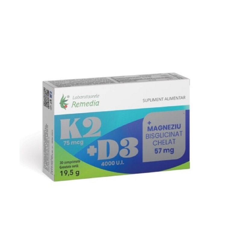 K2+D3+Magneziu bisglicinat chelat 57 mg, 30 comprimate, Remedia