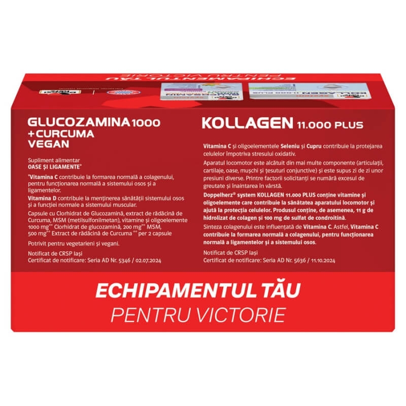Pachet Kollagen 11.000 Plus System, 30 flacoane + Glucozamina 1000 + Curcuma Vegan System, 60 comprimate, Doppelherz