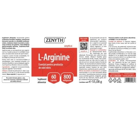 L-Arginine 800 mg, 60 capsule, Zenyth