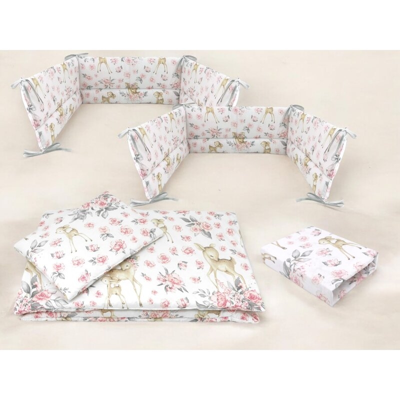 Lenjerie patut cu 5 piese, MimiNu, Cu cearceaf 120x60 cm, Pilota, Pernuta, 2 aparatori, Din bumbac certificat Oeko Tex Standard 100, Sweet Deer Pink Lenjerie patut cu 5 piese, MimiNu, Cu cearceaf 120x60 cm, Pilota, Pernuta, 2 aparatori, Din bumbac certificat Oeko Tex Standard 100, Sweet Deer Pink