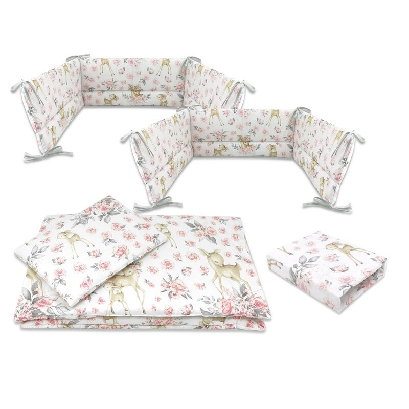 Lenjerie patut cu 5 piese, MimiNu, Cu cearceaf 120x60 cm, Pilota, Pernuta, 2 aparatori, Din bumbac certificat Oeko Tex Standard 100, Sweet Deer Pink Lenjerie patut cu 5 piese, MimiNu, Cu cearceaf 120x60 cm, Pilota, Pernuta, 2 aparatori, Din bumbac certificat Oeko Tex Standard 100, Sweet Deer Pink