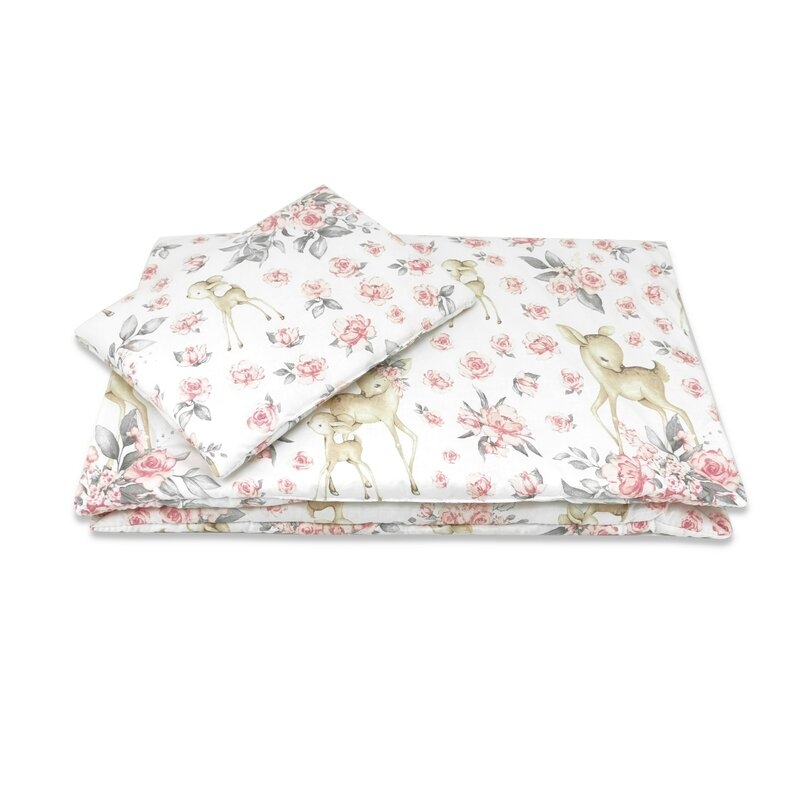 Lenjerie patut cu 3 piese, MimiNu, Cu cearceaf 120x60 cm, Pilota, Pernuta, Din bumbac certificat Oeko Tex Standard 100, Sweet Deer Pink Lenjerie patut cu 3 piese, MimiNu, Cu cearceaf 120x60 cm, Pilota, Pernuta, Din bumbac certificat Oeko Tex Standard 100, Sweet Deer Pink