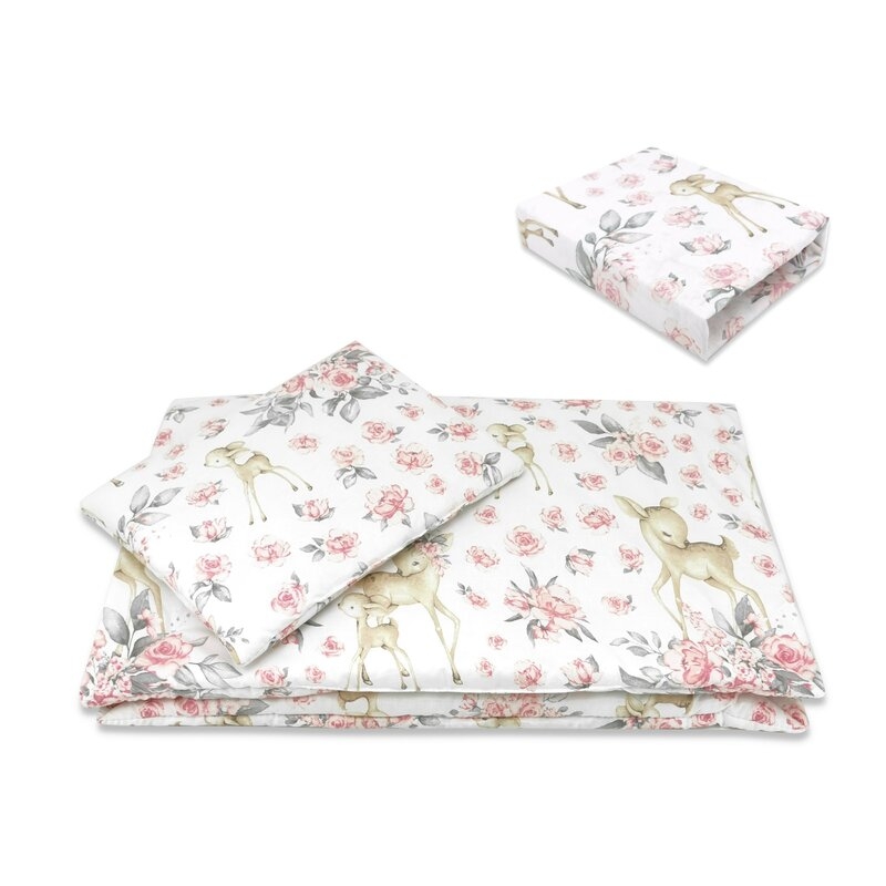 Lenjerie patut cu 3 piese, MimiNu, Cu cearceaf 120x60 cm, Pilota, Pernuta, Din bumbac certificat Oeko Tex Standard 100, Sweet Deer Pink Lenjerie patut cu 3 piese, MimiNu, Cu cearceaf 120x60 cm, Pilota, Pernuta, Din bumbac certificat Oeko Tex Standard 100, Sweet Deer Pink
