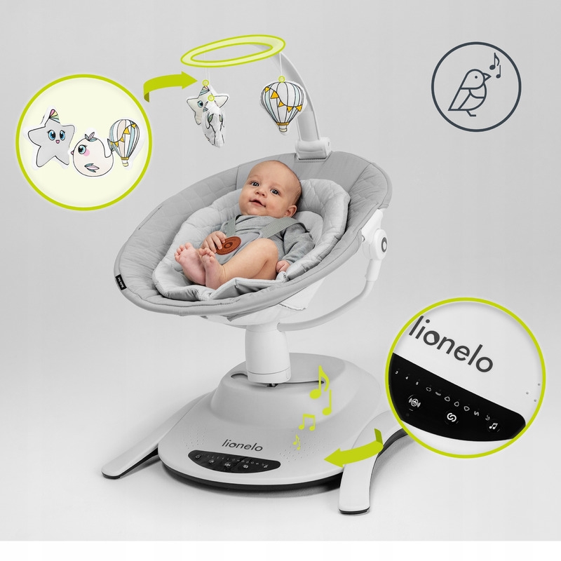 Lionelo - Balansoar multifunctional Bella, Electric, Scaun reglabil, Ecran tactil si telecomanda, 6 miscari unice, 5 viteze, Cu melodii, Gri Lionelo - Balansoar multifunctional Bella, Electric, Scaun reglabil, Ecran tactil si telecomanda, 6 miscari unice, 5 viteze, Cu melodii, Gri