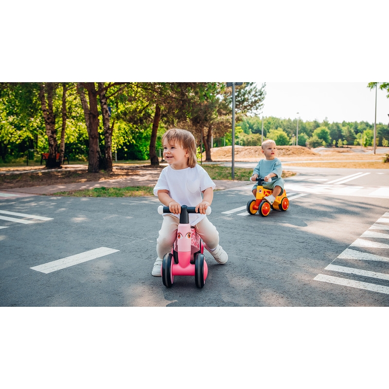 Lionelo - Bicicleta fara pedale, Sammy, Cu 4 roti, Din spuma EVA, Stabila, Manere moi, antiderapante, 12- 36 luni, Greutate maxima suportata 25 kg, Certificata EN 71-1:2014, EN 71-2:2011, EN 71-3:2019, Roz