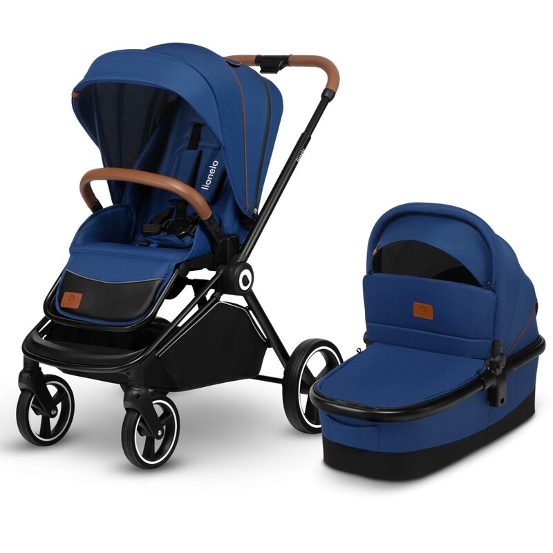 Lionelo - Carucior compact Mika, 2 in 1, Cadru din aluminiu, Cu landou intarit si salteluta moale, Reversibil, Maner ajustabil, Huse pentru picioare, Plasa de tantari, Husa de ploaie, Pana la 22 kg, Albastru