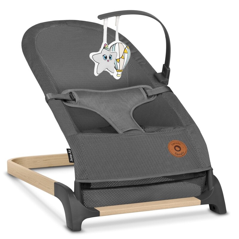 Fotoliu balansoar June AIR, Cu arcada cu jucarii, Ergonomic, Permite circulatia aerului, Balansare manuala, Pliabil, 0 luni+, Gri, Lionelo
