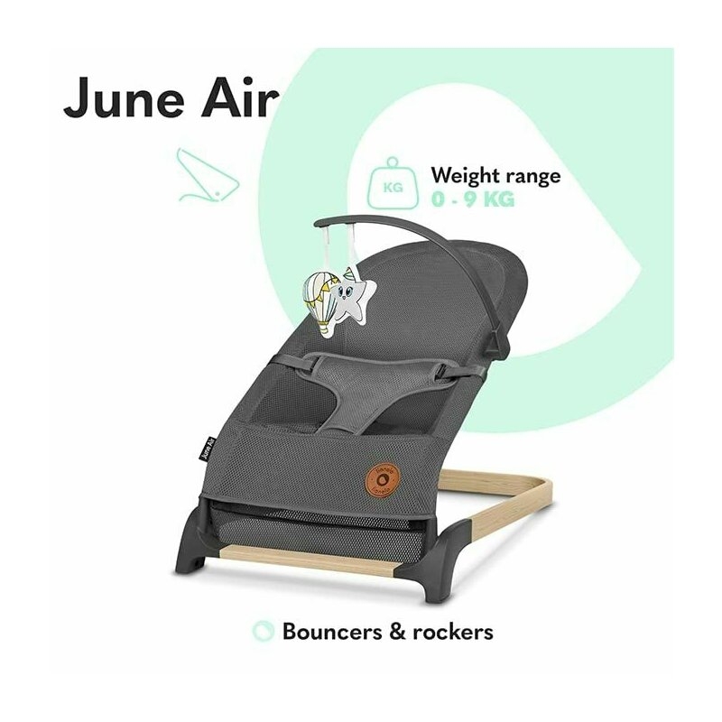 Fotoliu balansoar June AIR, Cu arcada cu jucarii, Ergonomic, Permite circulatia aerului, Balansare manuala, Pliabil, 0 luni+, Gri, Lionelo