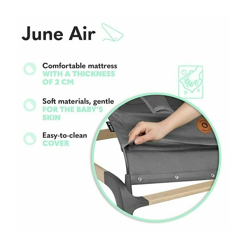 Fotoliu balansoar June AIR, Cu arcada cu jucarii, Ergonomic, Permite circulatia aerului, Balansare manuala, Pliabil, 0 luni+, Gri, Lionelo