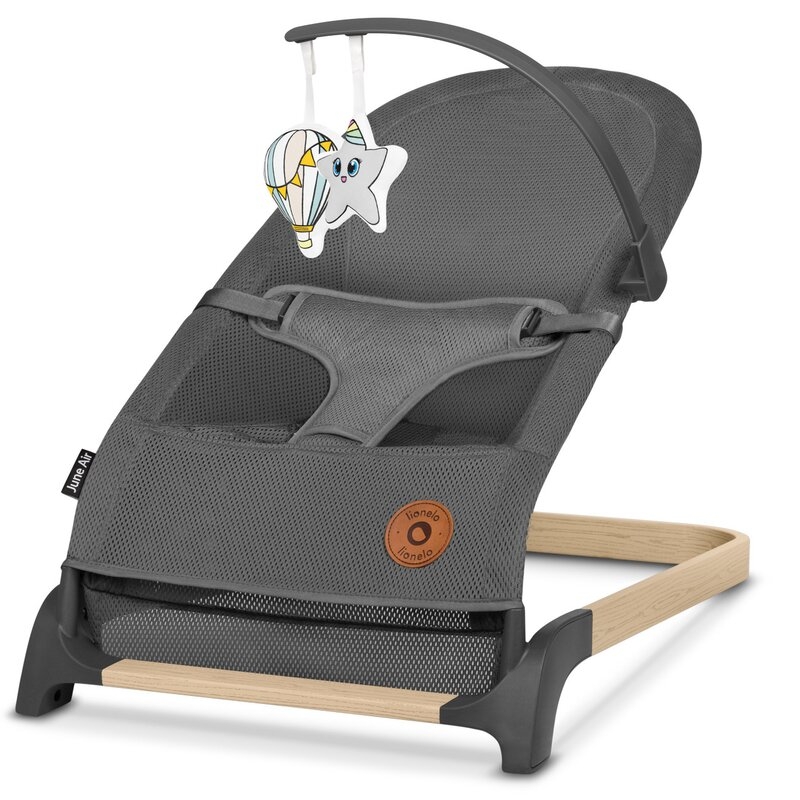 Fotoliu balansoar June AIR, Cu arcada cu jucarii, Ergonomic, Permite circulatia aerului, Balansare manuala, Pliabil, 0 luni+, Gri, Lionelo