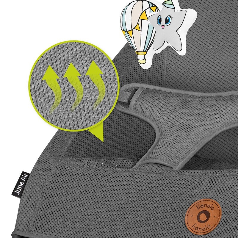 Fotoliu balansoar June AIR, Cu arcada cu jucarii, Ergonomic, Permite circulatia aerului, Balansare manuala, Pliabil, 0 luni+, Gri, Lionelo