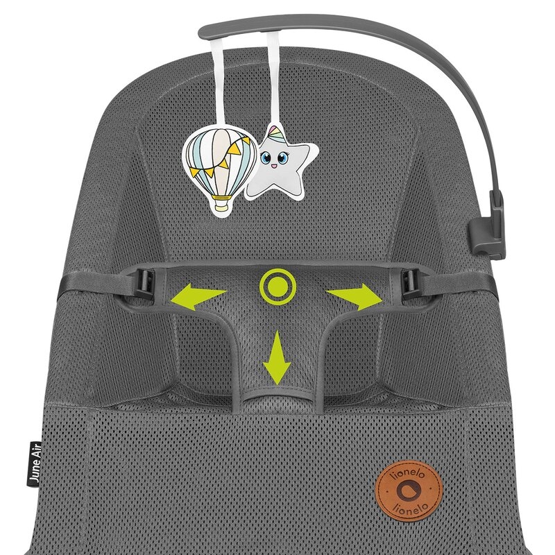 Fotoliu balansoar June AIR, Cu arcada cu jucarii, Ergonomic, Permite circulatia aerului, Balansare manuala, Pliabil, 0 luni+, Gri, Lionelo