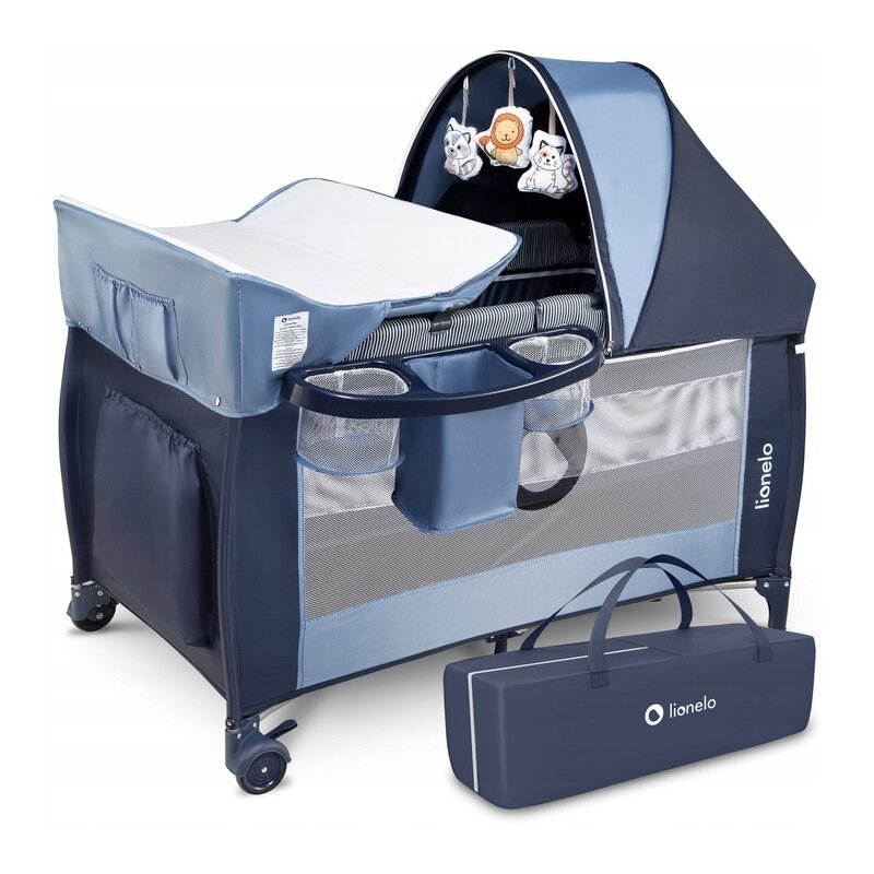 Lionelo - Patut pliant cu doua nivele Sven Plus, 120x60 cm, arcada jucarii, masuta de infasat, vibratii, melodii, Blue Navy Lionelo - Patut pliant cu doua nivele Sven Plus, 120x60 cm, arcada jucarii, masuta de infasat, vibratii, melodii, Blue Navy