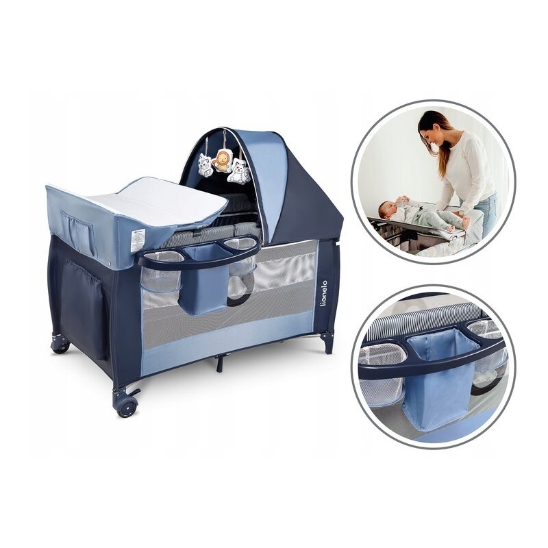 Lionelo - Patut pliant cu doua nivele Sven Plus, 120x60 cm, arcada jucarii, masuta de infasat, vibratii, melodii, Blue Navy Lionelo - Patut pliant cu doua nivele Sven Plus, 120x60 cm, arcada jucarii, masuta de infasat, vibratii, melodii, Blue Navy